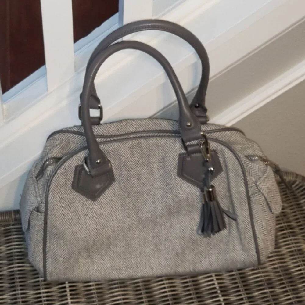 Cato Herringbone Satchel Handbag Purse with Tassel Preppy Neutral